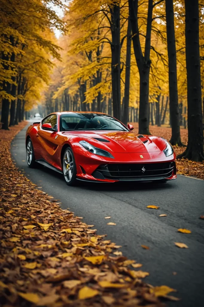 Ferrari 812 Superfast cruising through an autumn forest, leaves in mid-fall encircling the car, soft natural light, surrealism effect, trending photorealism, sharp contrast, professional post-processing.