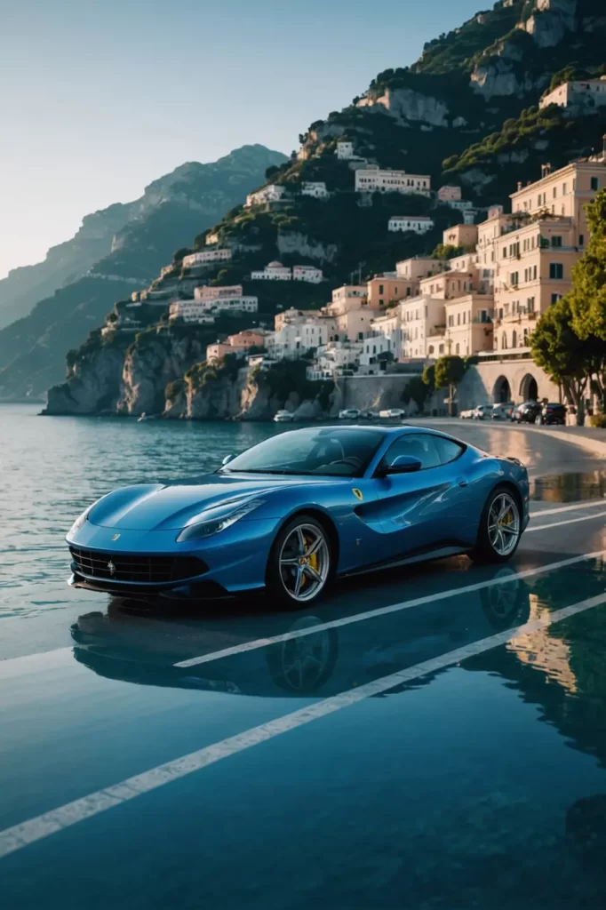 The sleek silhouette of a Ferrari 812 against the calm azure backdrop of the Amalfi Coast, soft focus on the gleaming details, ambient lighting, vivid colors, high-definition.
