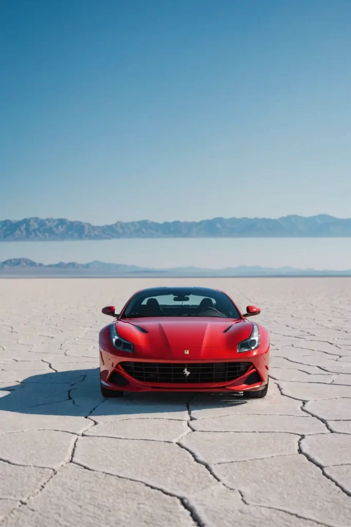 Red Ferrari 812 parked on an empty salt flat, the horizon stretching infinitely behind, under a clear blue sky, minimalist style, ultra HD 4K, sharp details, natural lighting.