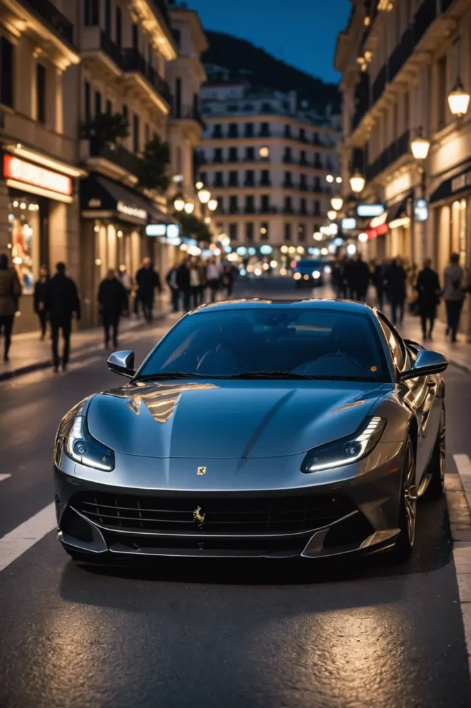 A metallic grey Ferrari 812 on the streets of Monaco, blurred luxury boutiques in the background, night scene with vibrant street lights, bokeh effect, cinematic look, sharp focus, ambient lighting.