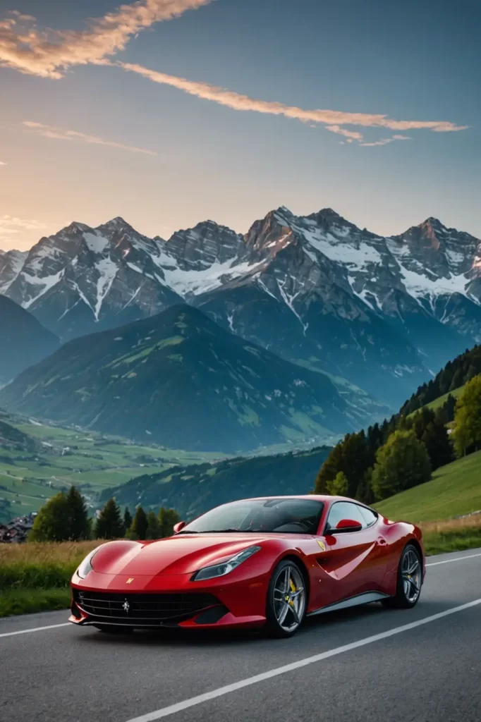 A Ferrari 812 dominating the foreground with the majestic Swiss Alps rising in the distance, dawn's early light, panoramic shot, sharp texture, highly detailed, high dynamic range imagery.