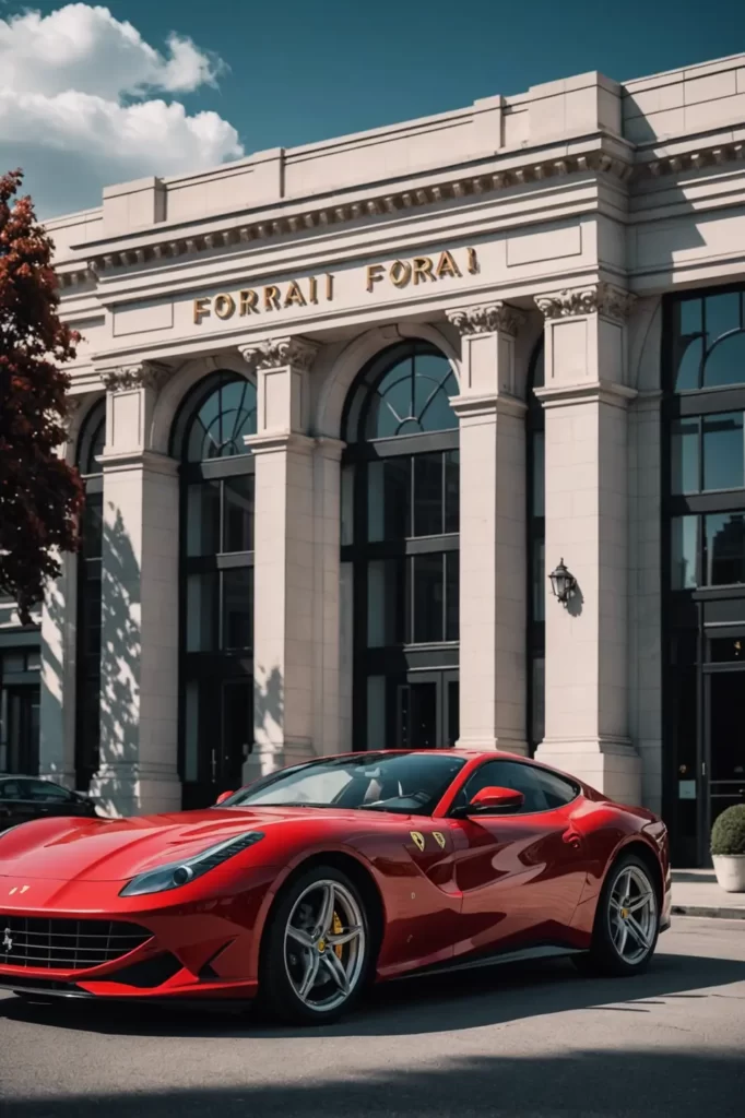 The deep red of a Ferrari 812 accents the stark white of an Art Deco building, under a cloudless sky, high-contrast, smooth lines, dramatic lighting, high-resolution, digital paint touch.