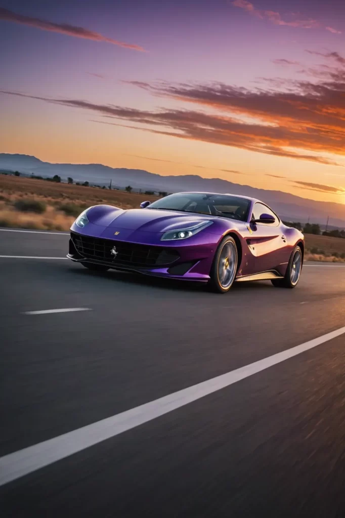 A Ferrari 812 speeding along an open highway, motion blur conveying speed, dusk sky painting the scene with purples and oranges, wide angle, dynamic lighting, beautiful realism, 8K resolution.