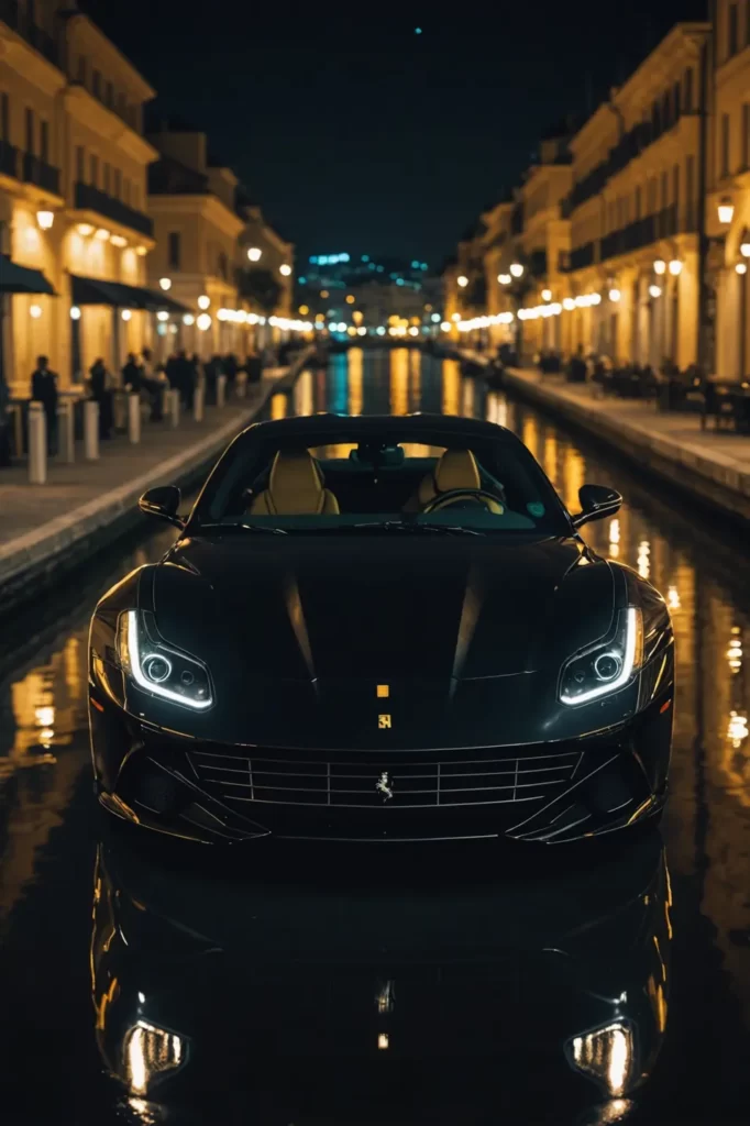 The reflection of a city's night lights glimmer on the polished surface of a black Ferrari 812 by the marina, serene atmosphere, high detail, sharp reflections, atmospheric lighting.