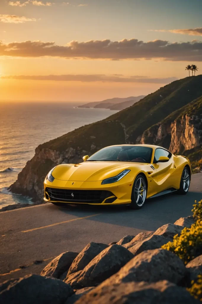 A bright yellow Ferrari 812 positioned on a cliff's edge overlooking the ocean, the sun setting behind, intense color palette, breathtaking sharp focus, elegant composition, lens flare effect.