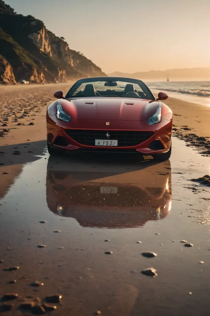 A Ferrari California T gleaming under the golden hour sun on a secluded beach, its reflection mirroring on the wet sand, sharp focus, warm tones.