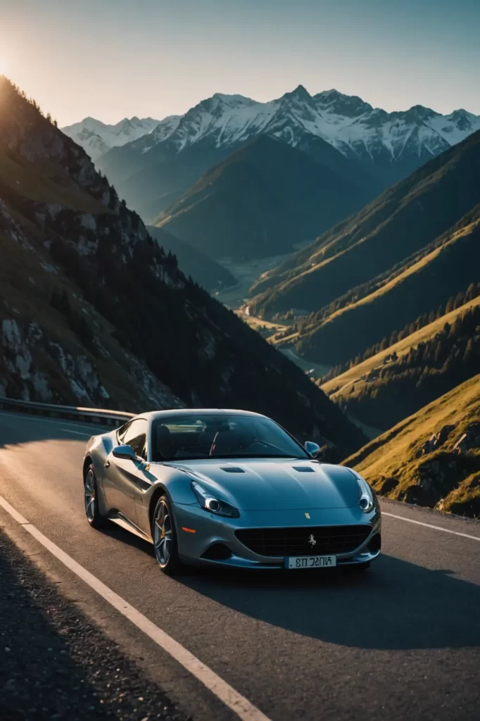 The sleek silhouette of a Ferrari California T outlined against the stark contrast of a high alpine road, crisp and clean in the soft dawn light, 4k, ambient lighting.