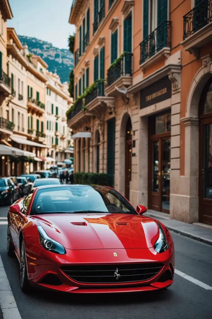 A gleaming Ferrari California T parked on the vibrant streets of Monaco, luxury yachts in the background, vibrant colors, illustrious detail, digital paint.