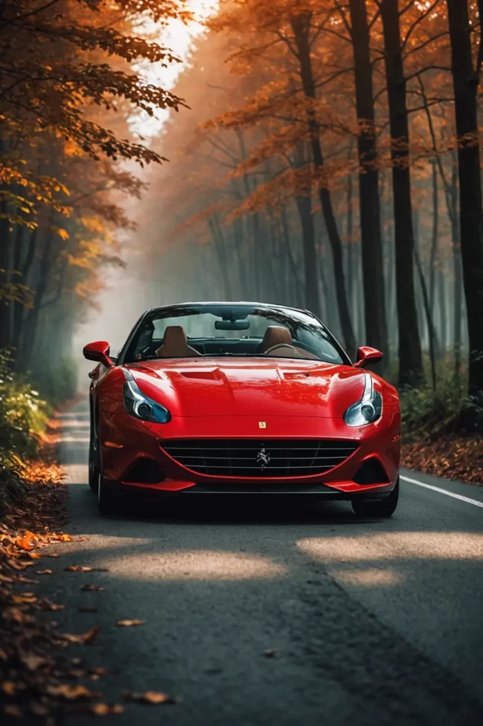 The vibrant red of a Ferrari California T cutting through a misty forest road, rays of sunlight piercing the canopy, surreal atmosphere, high dynamic range.