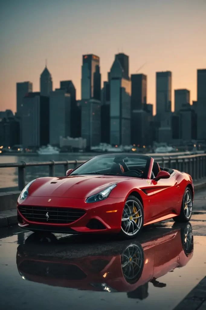 A Ferrari California T poised before an expansive cityscape at twilight, the skyline reflecting off its polished surface, dramatic lighting, sharp details.