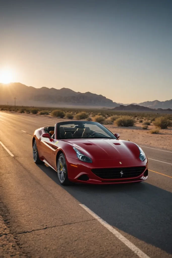 A solitary Ferrari California T on a desert highway at sunrise, the warm light casting long shadows, empty space evoking freedom, ultra high definition, epic composition.