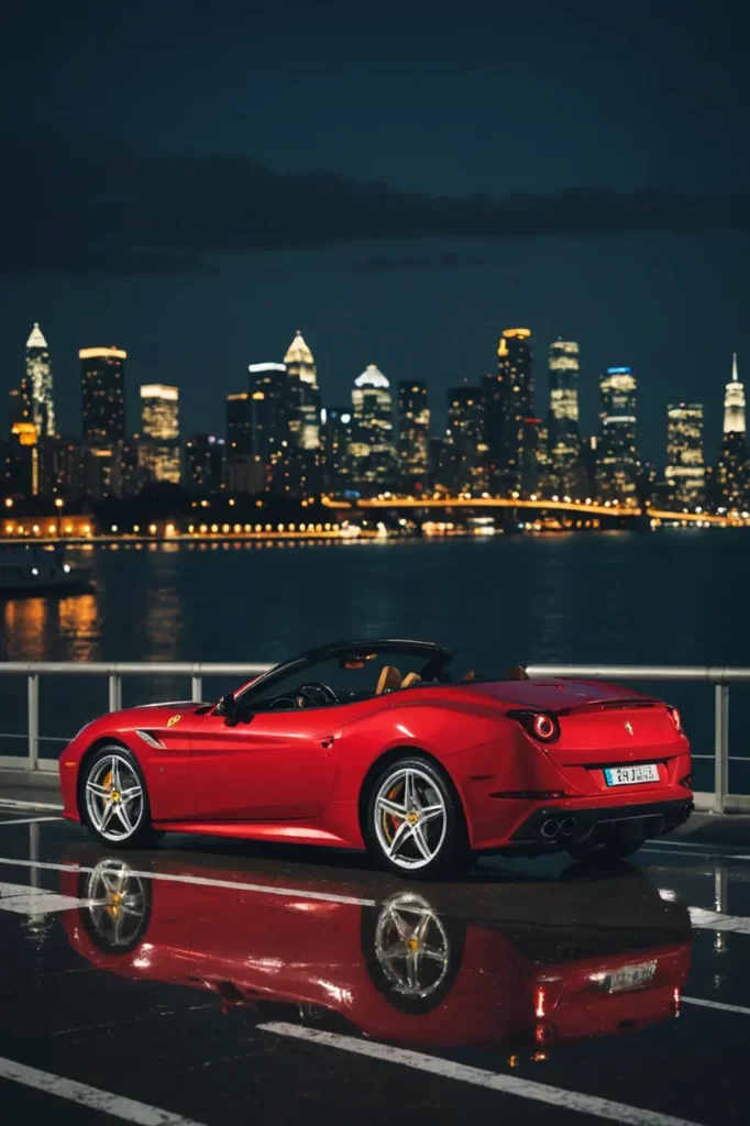 The dynamic stance of a Ferrari California T on a helipad, city lights twinkling below as dusk falls, cinematic style, top-down perspective, ambient lighting.