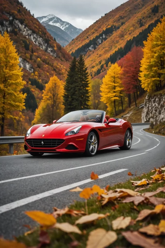 Ferrari California T in motion blur on a mountain pass, surrounded by autumn foliage, speed captured in still life, vivid colors, fast shutter speed, high resolution.