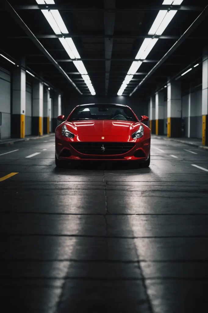 A Ferrari California T under the spotlight in an empty underground parking lot, reflecting the geometric patterns of light, high contrast, metallic sheen, moody atmosphere.