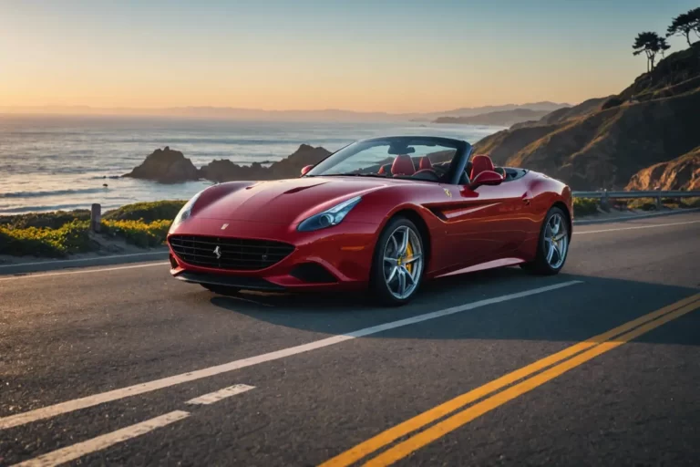 Ferrari California T rouge étincelant au bord de la Pacific Coast Highway, son reflet miroitant dans le soleil couchant avec l'océan bleuté en contraste.