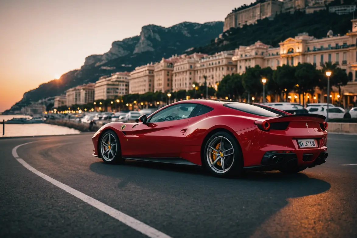 Une Ferrari F1 rouge luisante sur la courbe emblématique de Fairmont à Monaco, avec des yachts flous en arrière-plan lors d'un coucher de soleil.