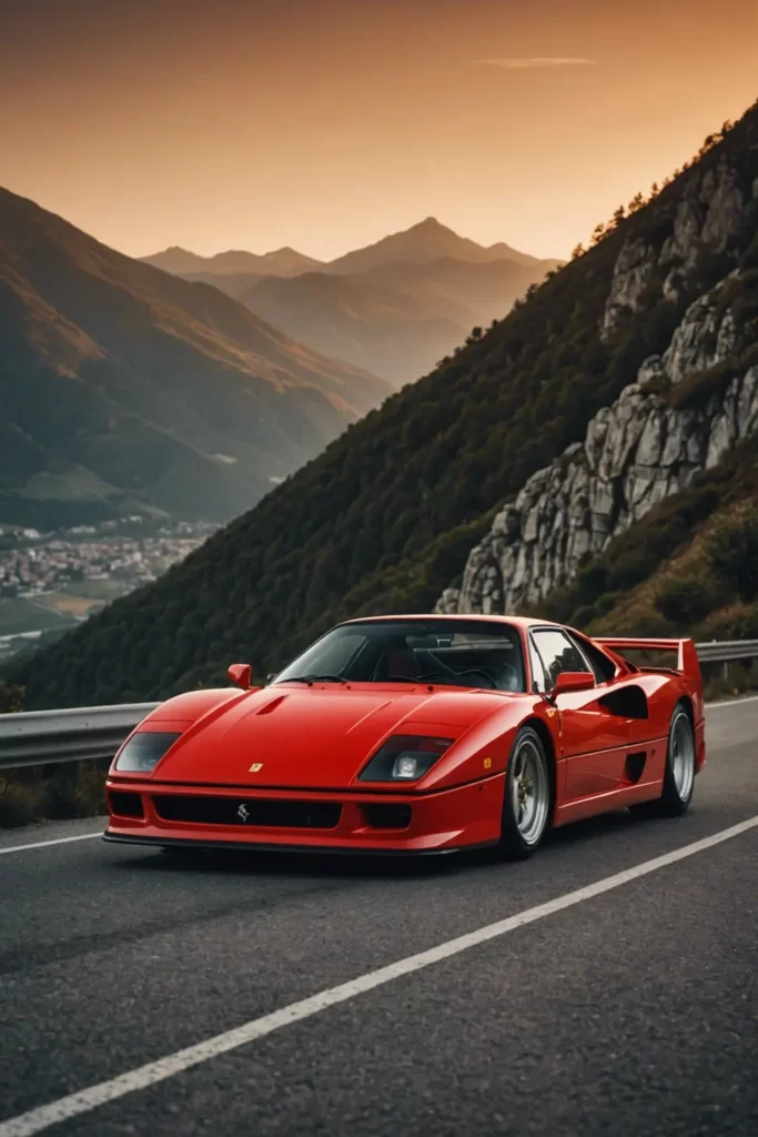 A Ferrari F40 on the apex of a mountain road during golden hour, the setting sun casting a warm glow on its sleek red bodywork, sharp focus, 4k resolution, dramatic lighting