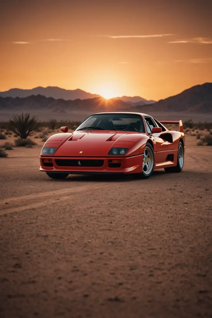 The classic silhouette of the Ferrari F40 is etched against the fiery backdrop of a desert sunset, minimalistic simplicity, contrasting colors, warm hues, high-quality render