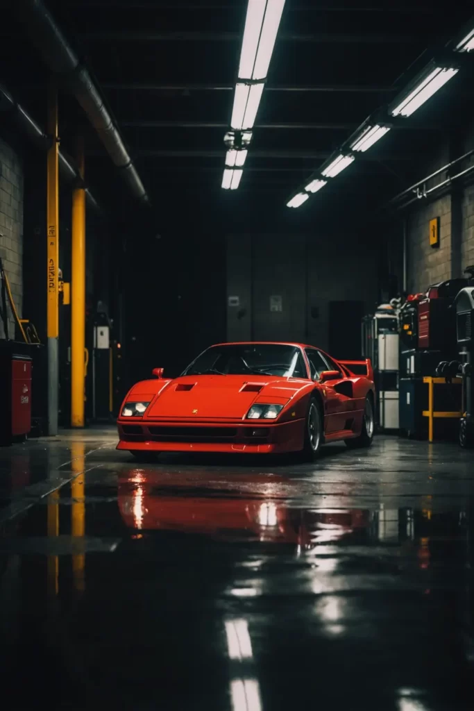 In a dimly lit underground garage, the Ferrari F40 stands solitary under a single spotlight, creating deep contrasts and metallic reflections, moody atmosphere, soft ambient lighting