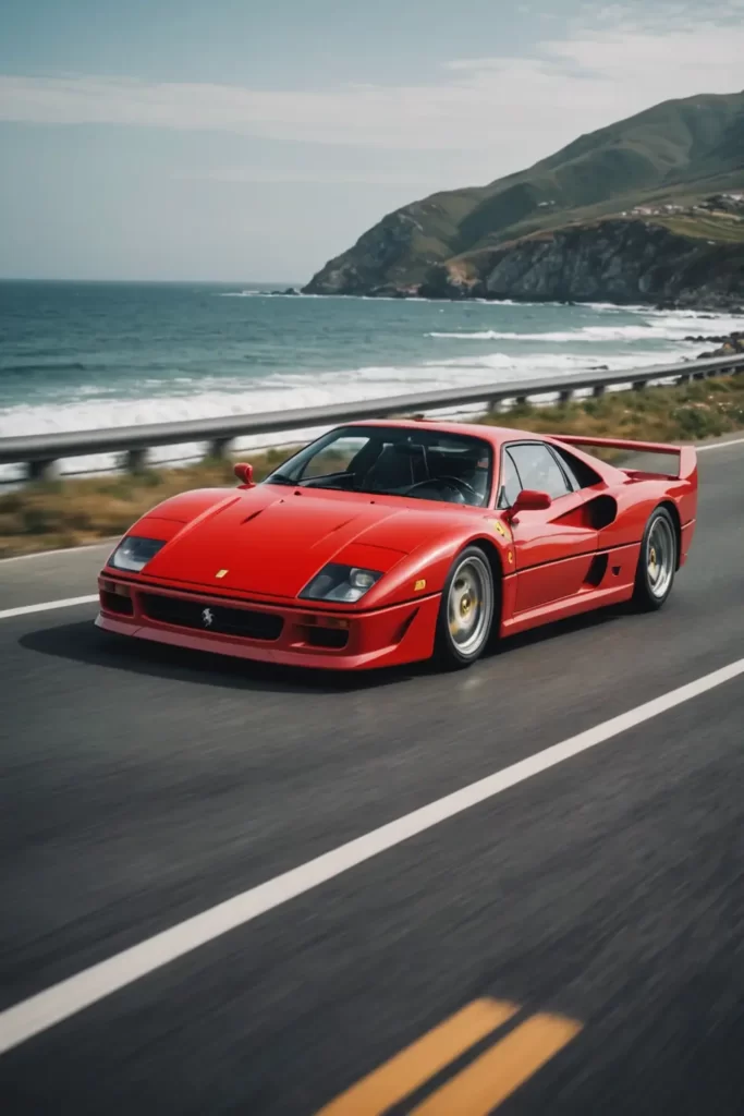 The Ferrari F40 captured in a blurred motion sprint along a coastal highway, with the ocean waves crashing in the background, motion blur effect, vivid colors, epic composition