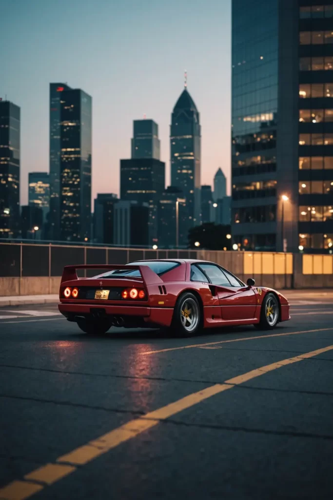 Parked on the helipad of a skyscraper, the Ferrari F40 dominates the cityscape at dusk, the skyline reflecting in its immaculate paint, urban elegance, high-resolution, ambient lighting
