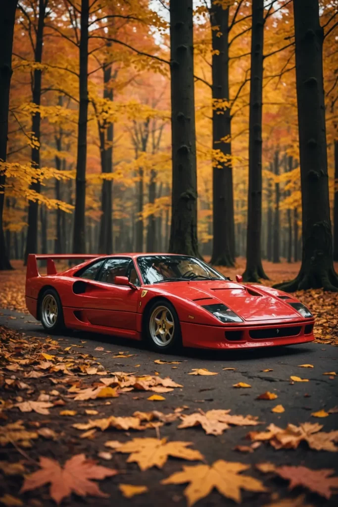 The Ferrari F40 in a serene autumn forest, its red color popping against the earthy tones of falling leaves, natural light, sharp details, picturesque setting