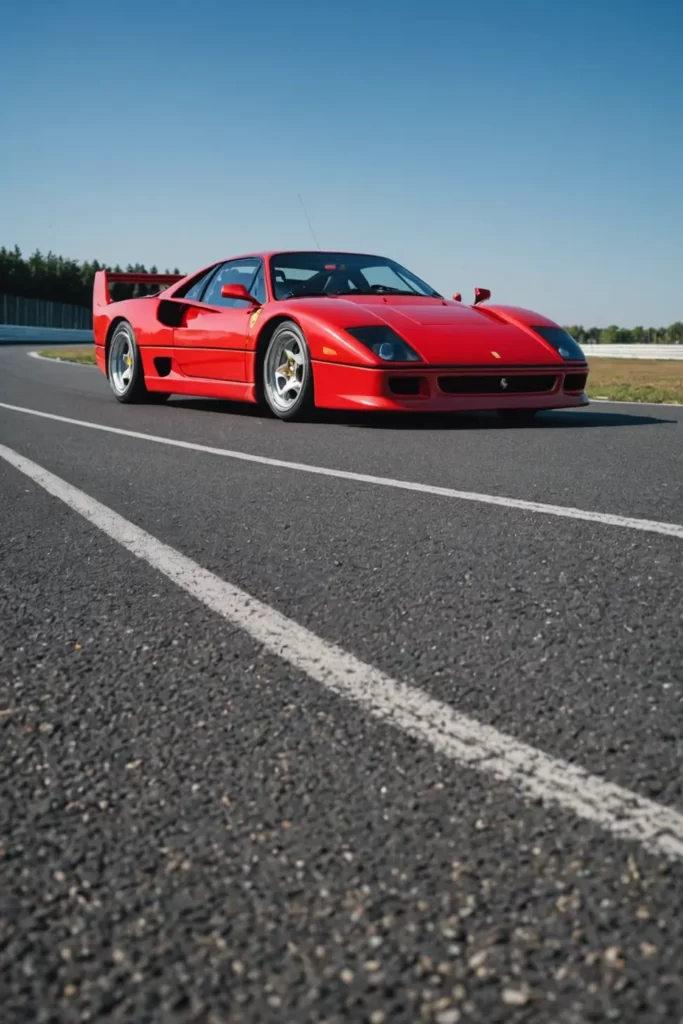 A single Ferrari F40 sits on an empty racetrack, ready to conquer the asphalt, captured from a low angle to emphasize its aggressive stance, clear blue sky, ultra-high-definition, dynamic angle