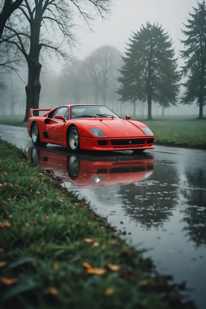 In the midst of a misty morning, the Ferrari F40 emerges with dew accentuating its sharp lines, a picture of solitude and grace, soft focus background, ethereal quality