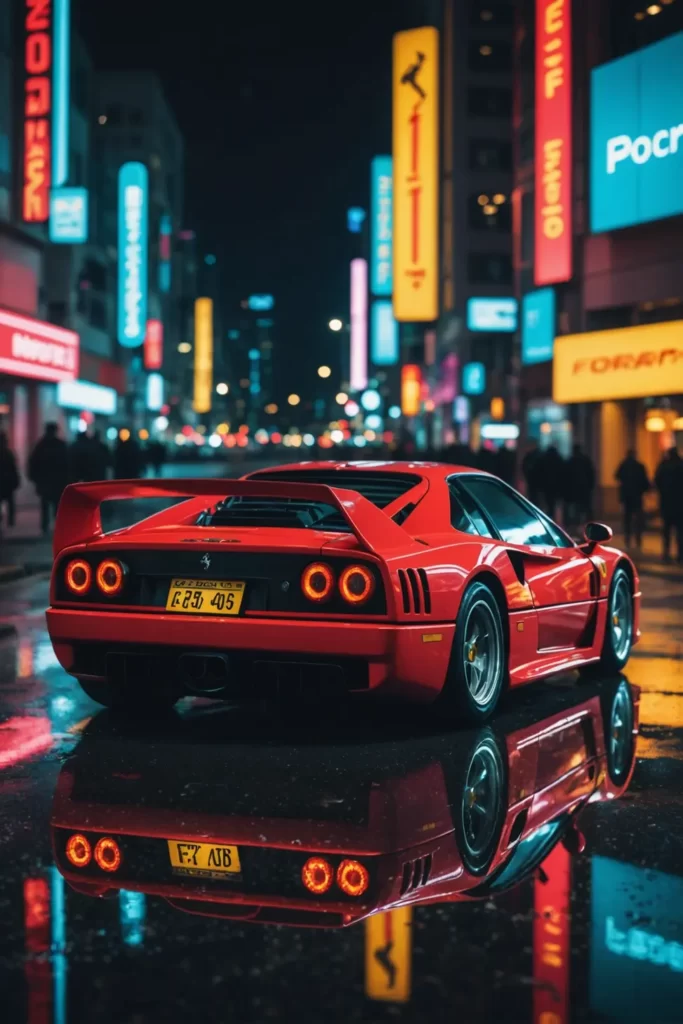 Illuminated by the neon lights of a futuristic city backdrop, the Ferrari F40's curves come alive with vibrant reflections, cyberpunk vibe, 8k resolution, trending visual style
