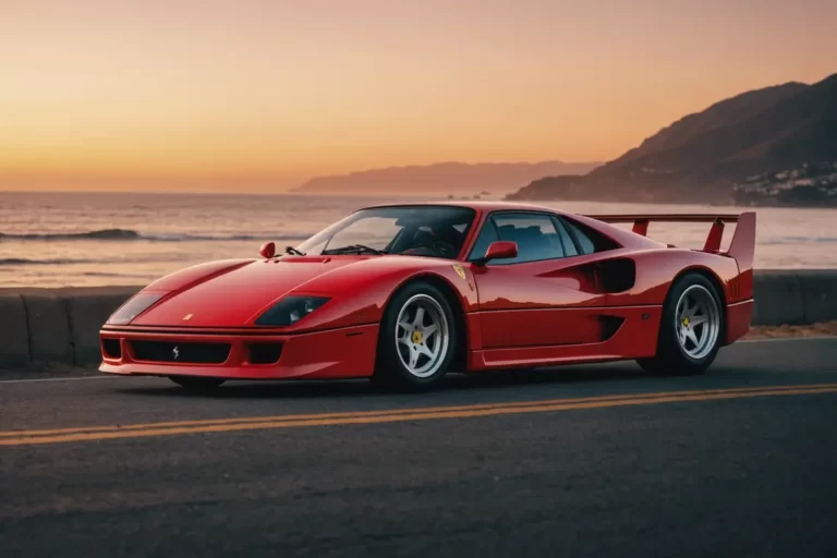 Une Ferrari F40 positionnée sur la Pacific Coast Highway au crépuscule, son emblématique silhouette rouge reflétant la douce lueur du soleil couchant, avec l'horizon serein de l'océan en arrière-plan.