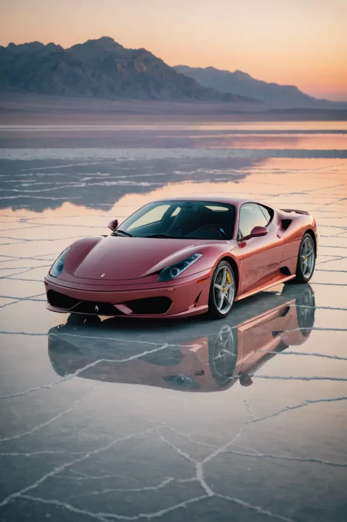 A gleaming Ferrari F430 poised on the salt flats, reflecting the pastel hues of a serene sunset, ultra-high resolution, richly saturated colors.