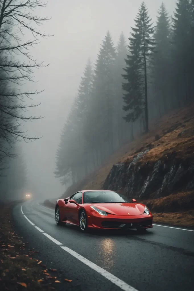 A solitary Ferrari F430 on a misty mountain road, emerging from the fog, mysterious and enchanting, low-saturation palette, ethereal quality.