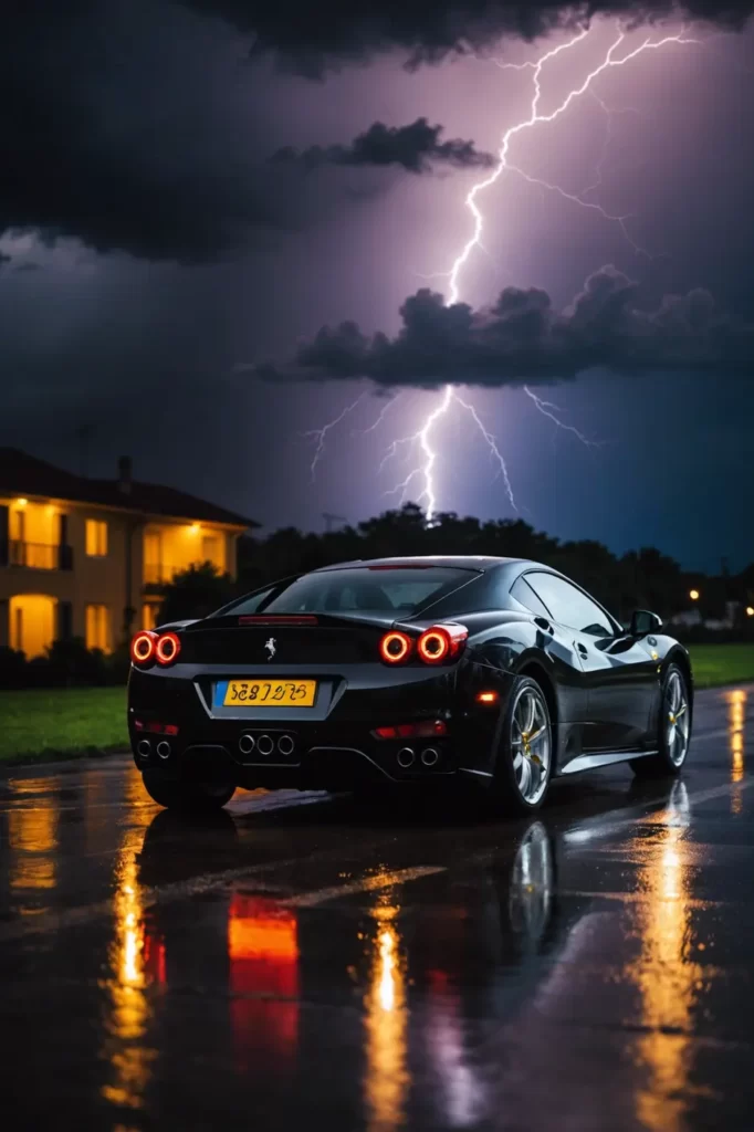The silhouette of a Ferrari F430 against the vivid backdrop of a lightning storm, conveying power and elegance, dramatic lighting, moody atmosphere.