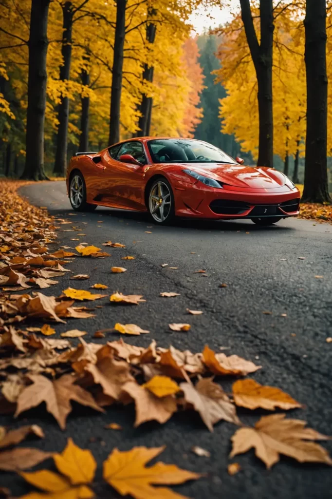 A Ferrari F430 parked on an autumnal forest road, leaves swirling in the wind, a picturesque blend of technology and nature, golden hour lighting, vivid colors.