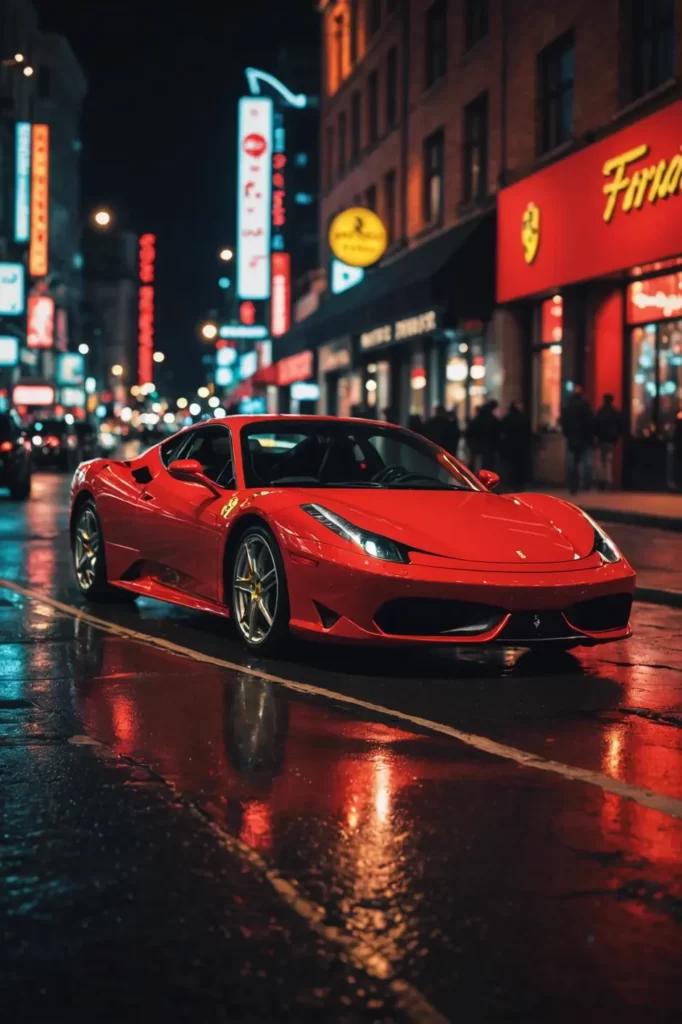 The glossy red Ferrari F430 captured in the pulsating neon glow of a city's nightlife, sleek and vibrant, bokeh lights, high-contrast.