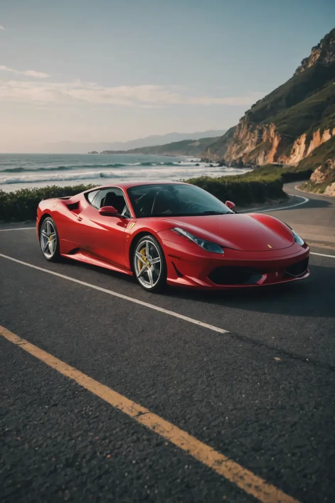 A Ferrari F430 on a coastal road, ocean waves crashing in the background, symbolizing freedom and luxury, panoramic shot, natural light.