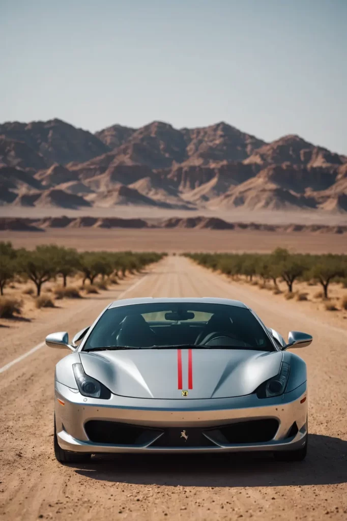 The sharp lines of a Ferrari F430 etched against the minimalist expanse of a desert, pure and unadorned, high-definition, stark contrast.