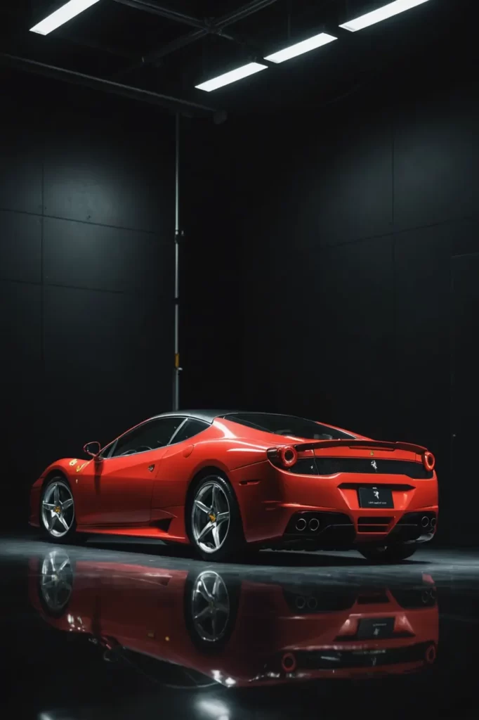 A pristine Ferrari F430 under the spotlight in a dark studio, exuding sophistication and exclusivity, soft light, monochromatic elegance.