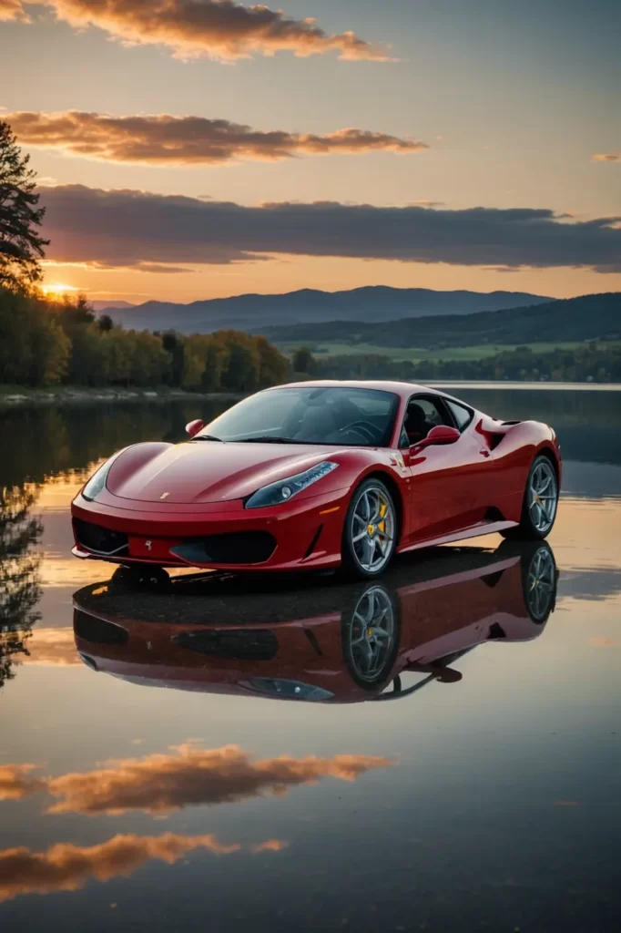 The evocative reflection of a sunset on the polished surface of a Ferrari F430 beside a glassy lake, tranquil and refined, HDR, mirror-like finish.
