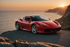 Une scintillante Ferrari F430 se positionne au bord d'une falaise à l'aube, les premiers rayons de soleil teintant de doré sa carrosserie rouge lisse, se détachant sur l'immensité de l'océan tranquille s'étendant à l'horizon, éclairage à l'heure dorée, profondeur de champ.