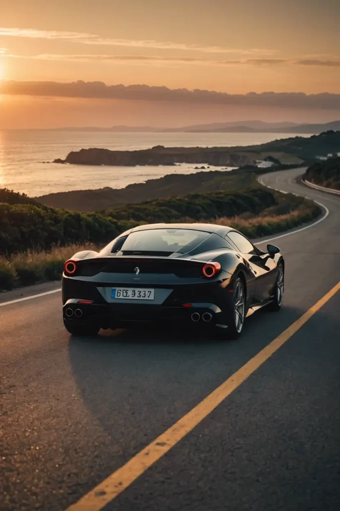 A Ferrari F8 Tributo silhouetted against the blazing sunset on a scenic coastal road, soft lens flare caressing its sleek lines, golden hour, high resolution.