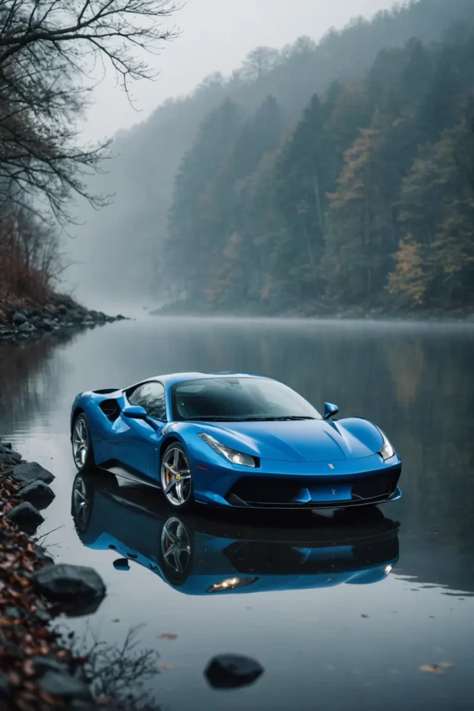A metallic blue Ferrari F8 on a misty morning at the lakeside, reflections in the calm water, peaceful solitude, soft focus mist, ethereal quality, high dynamic range.