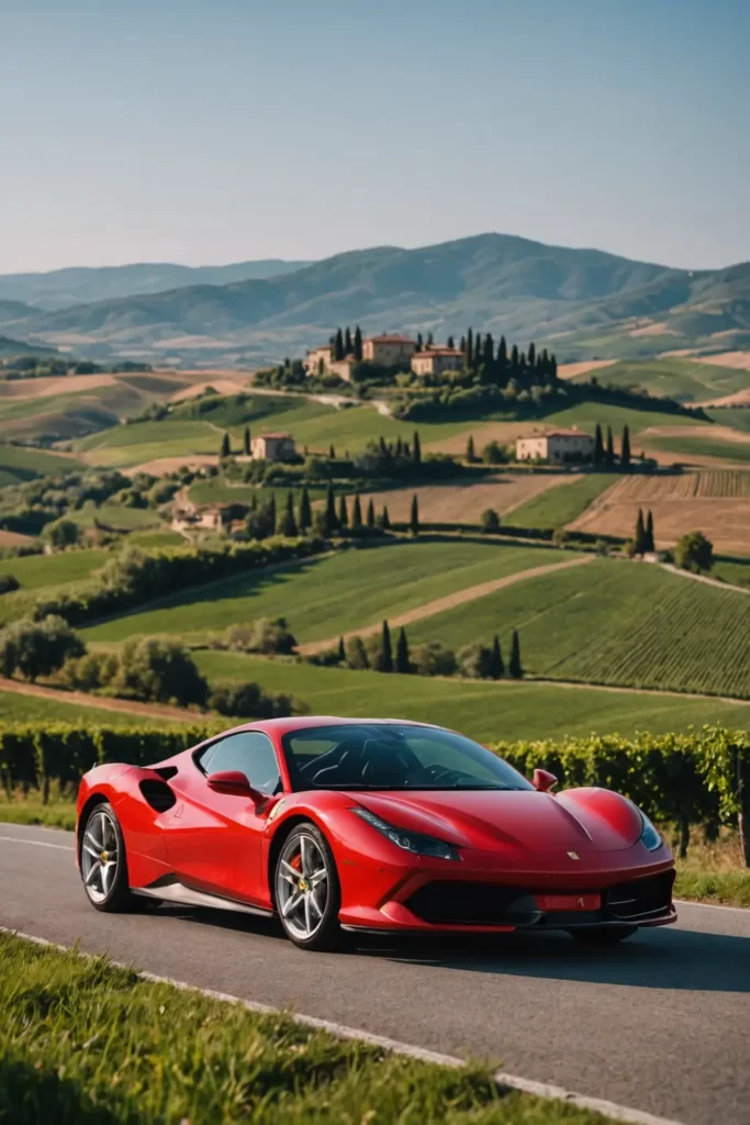 The striking red Ferrari F8 in sharp focus, poised before the rolling hills of Tuscany during early spring, natural ambient lighting, pastoral elegance, vibrant colors, 4K.