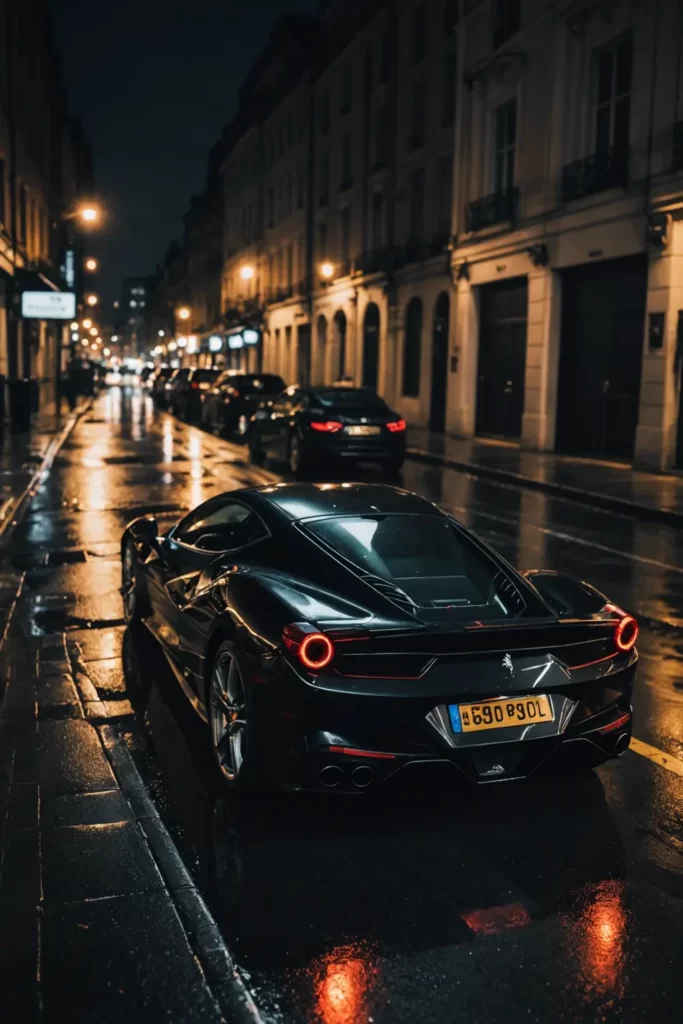 A glossy black Ferrari F8 parked on a rain-slicked street at night, streetlights casting a moody glow over its curves, noir aesthetic, high-contrast, bokeh effect.