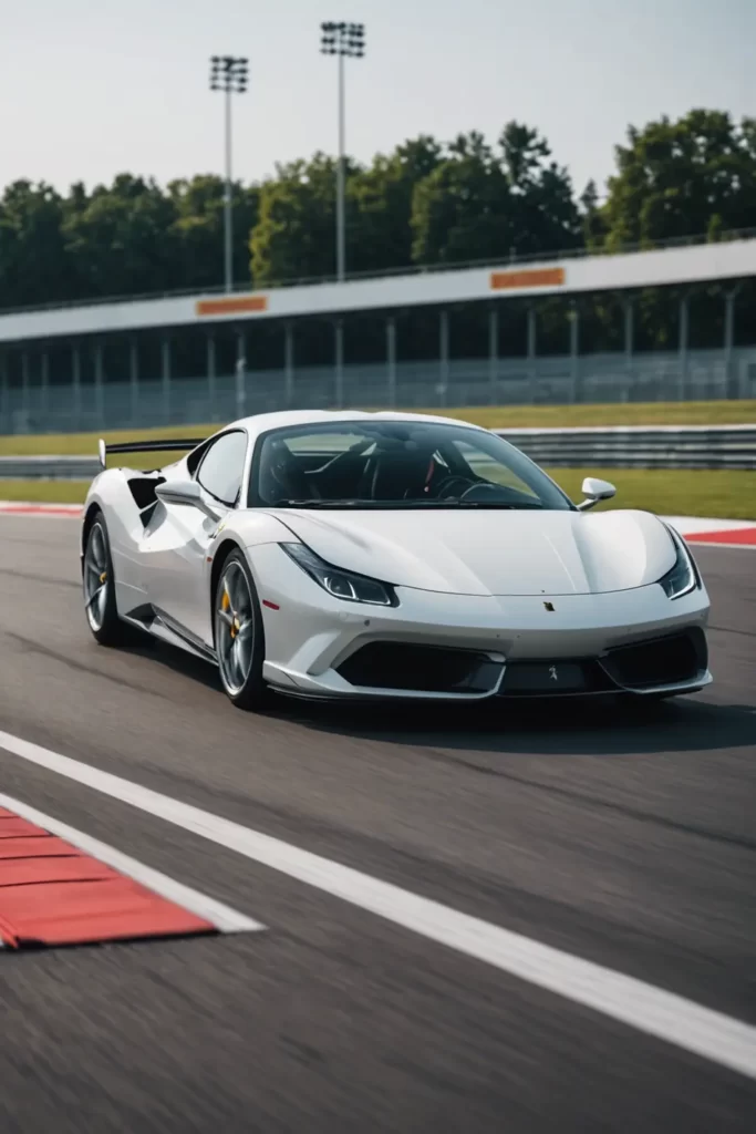 A white Ferrari F8 captured at high speed on a racetrack, motion blur emphasizing its velocity, action-packed, dynamic angle, sharp focus, adrenaline rush atmosphere.
