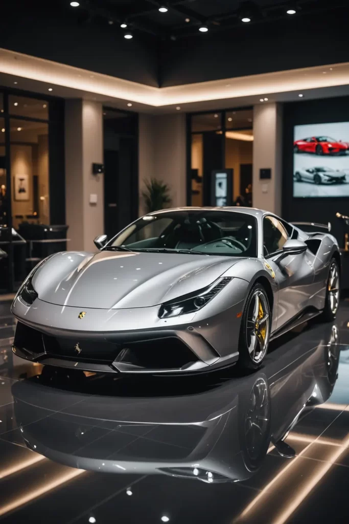 A pearlescent Ferrari F8 showcased at an exclusive showroom floor, soft overhead lights highlighting its elegance, luxury ambiance, immaculate reflection, professional studio lighting, ultra-HD.