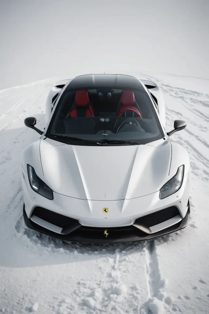A Ferrari F8 against an arctic white backdrop, minimalistic style showcasing pure form and design, smooth, simple, monochromatic palette, digital render, 8K resolution.