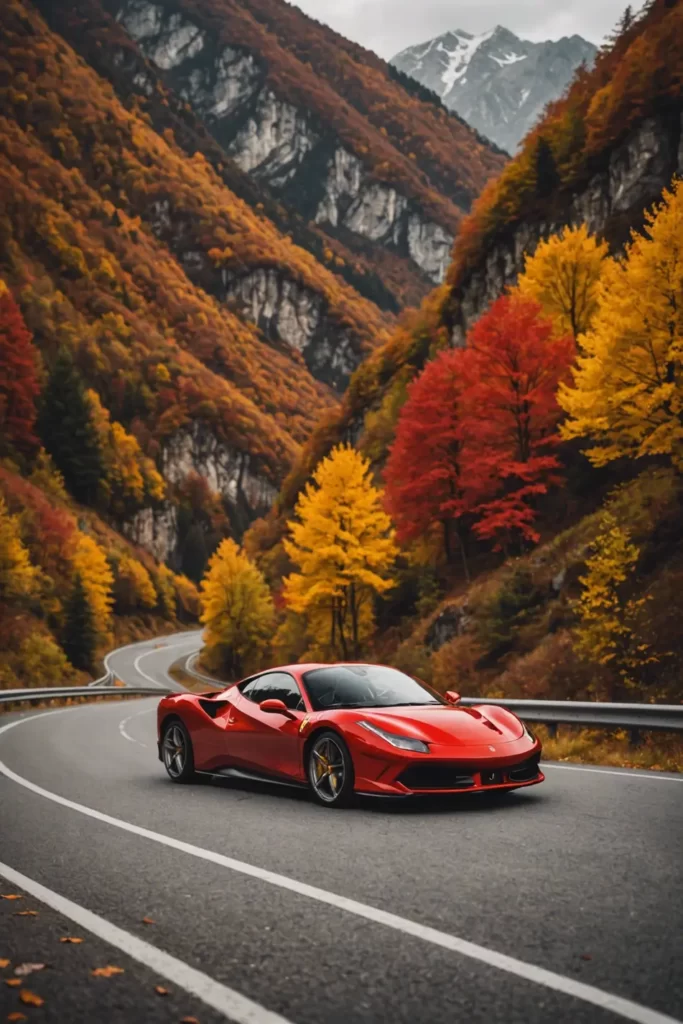 The fiery Ferrari F8 cruising along a mountain pass in autumn, warm color palette of the foliage complementing its Rosso Corsa paint, picturesque, nature-infused, idyllic setting, panoramic.