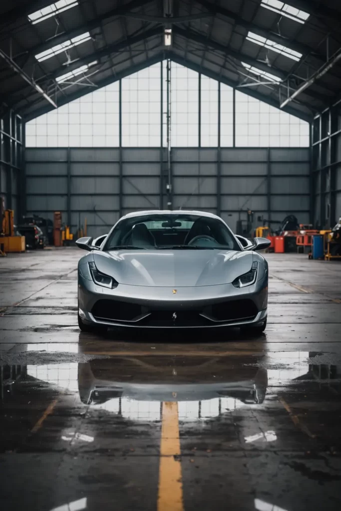 A dolphin grey Ferrari F8 stands before an abandoned aircraft hangar, industrial chic, symmetrical composition, cold steel tones contrasting the warm car hue, desolate beauty, HDR.