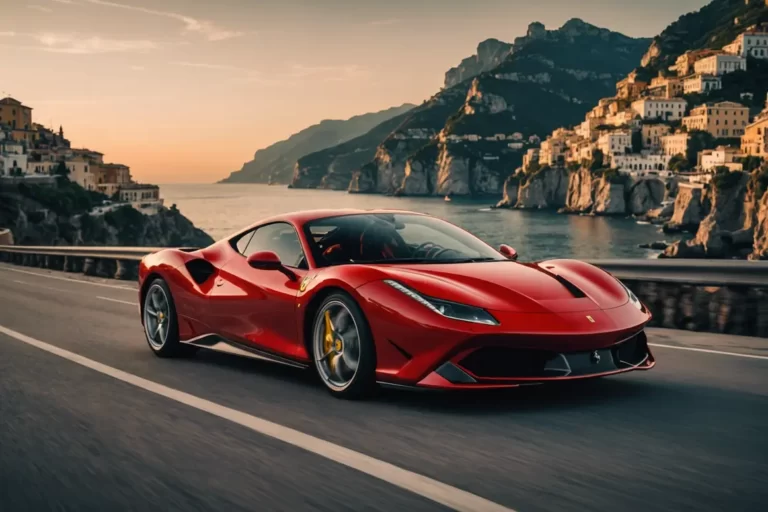 Une Ferrari F8 Tributo rouge éclatante qui roule le long de la côte amalfitaine avec des falaises et une mer azur en arrière-plan.